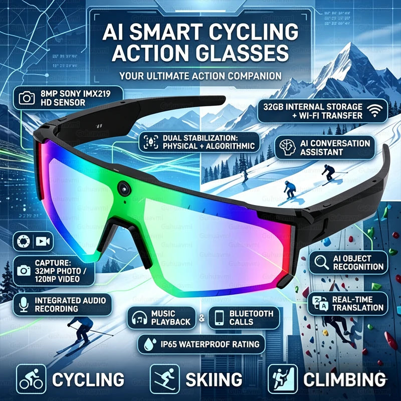 2026 New Smart Shooting&Recording Glasses Anti-Shake 800W HD Camera AI Voice Assistant Bluetooth Call Goggles for Cycling Skiing