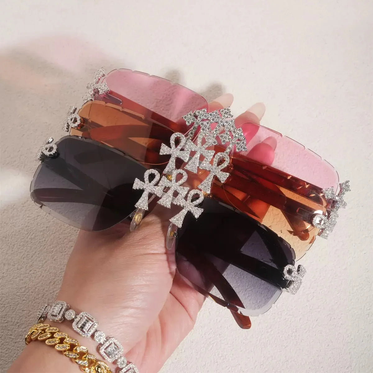 Iced Out D Color Moissanite Ankh Cross Sunglasses 925 Sterling Silver Red Wood Leg Triple Cross Glasses Hiphop Punk Pass Tester