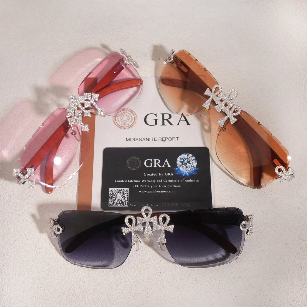 Iced Out D Color Moissanite Ankh Cross Sunglasses 925 Sterling Silver Red Wood Leg Triple Cross Glasses Hiphop Punk Pass Tester