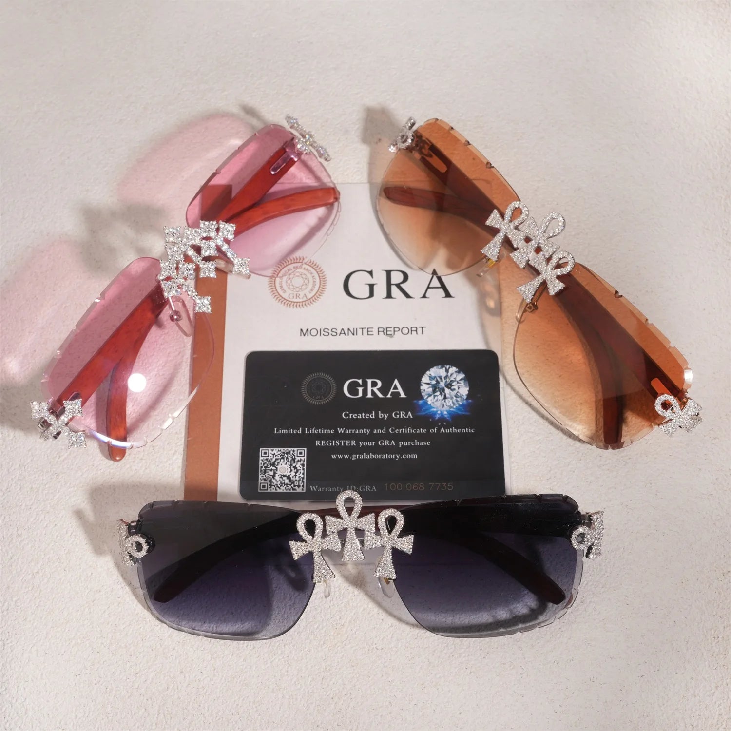 Iced Out D Color Moissanite Ankh Cross Sunglasses 925 Sterling Silver Red Wood Leg Triple Cross Glasses Hiphop Punk Pass Tester