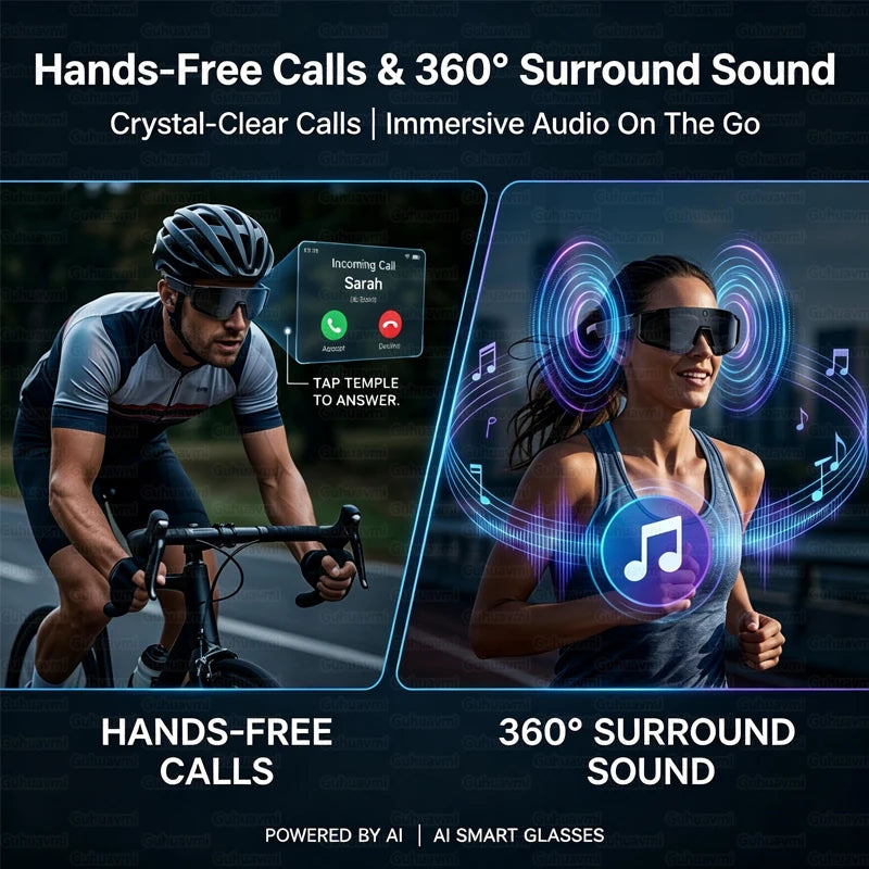 AI Smart Sports Glasses with 32MP HD Camera 360°Stereo Sound IP65 Waterproof Bluetooth Call Music Player Goggles for Cycling Men