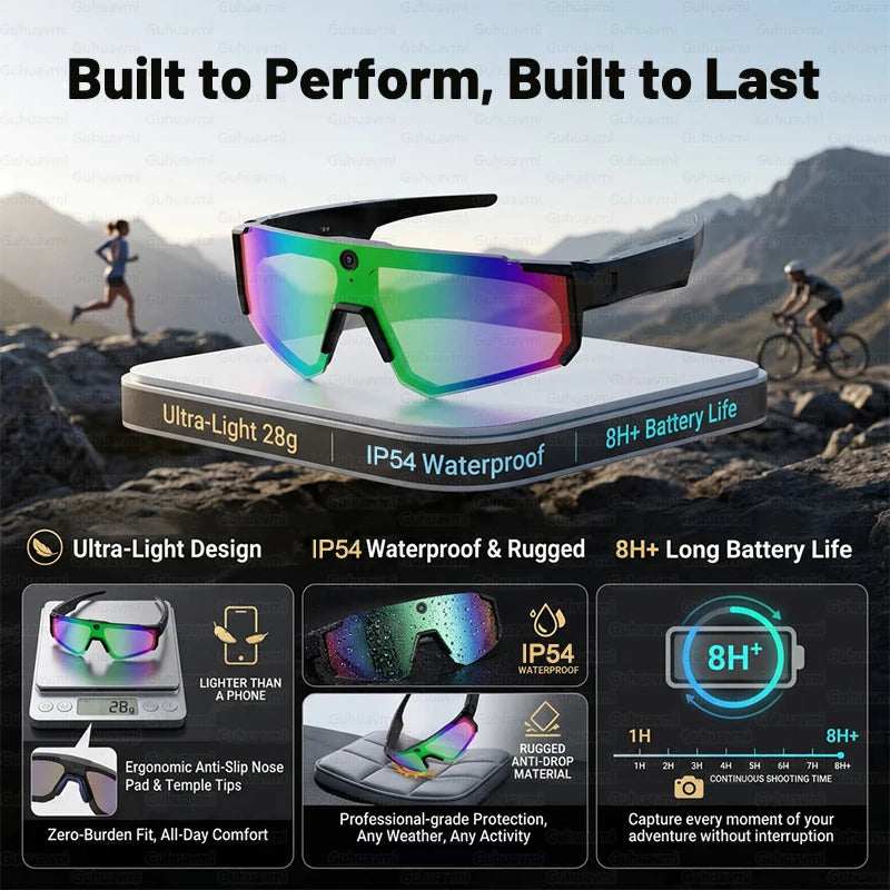 AI Smart Sports Glasses with 32MP HD Camera 360°Stereo Sound IP65 Waterproof Bluetooth Call Music Player Goggles for Cycling Men