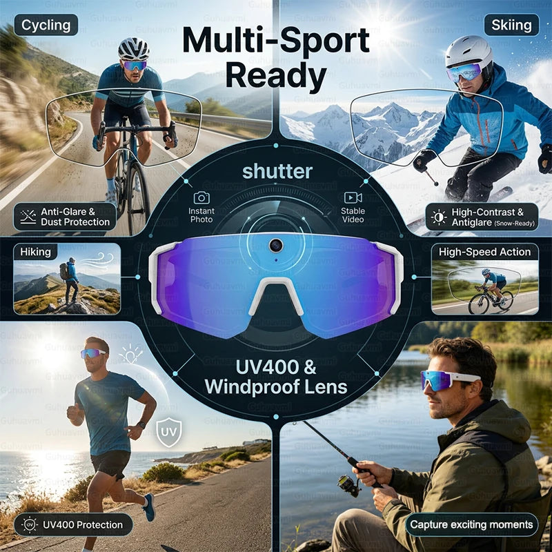 2026 New Smart Shooting&Recording Glasses Anti-Shake 800W HD Camera AI Voice Assistant Bluetooth Call Goggles for Cycling Skiing