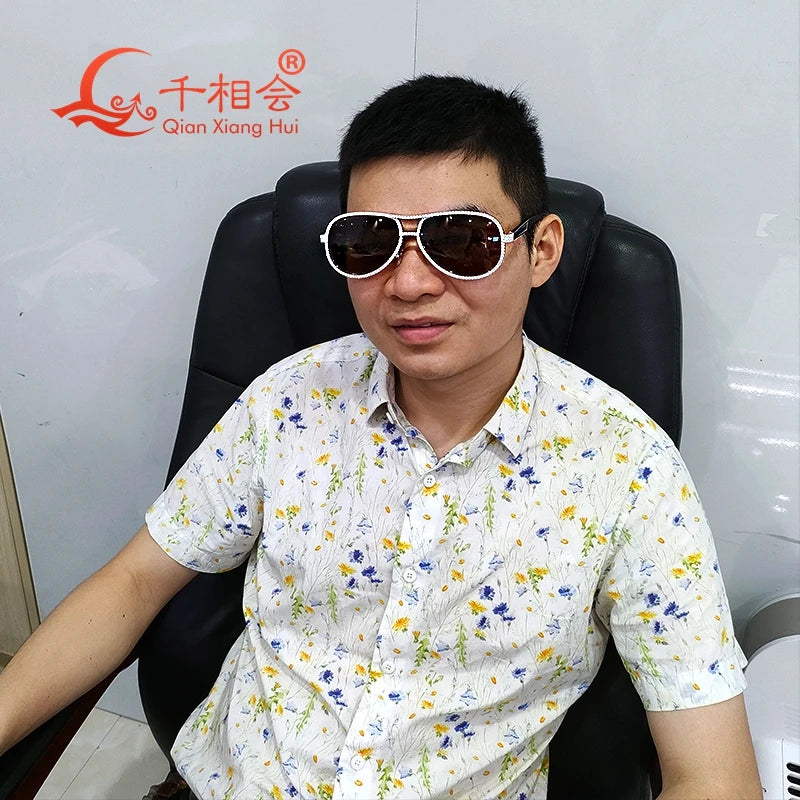 Full White Moissanite Silver Fashion Sunglasses Vintage Designer Big Frame Brown Glasses for Women And Men Cool Sexy Sunwear