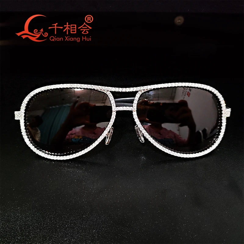 Full White Moissanite Silver Fashion Sunglasses Vintage Designer Big Frame Brown Glasses for Women And Men Cool Sexy Sunwear