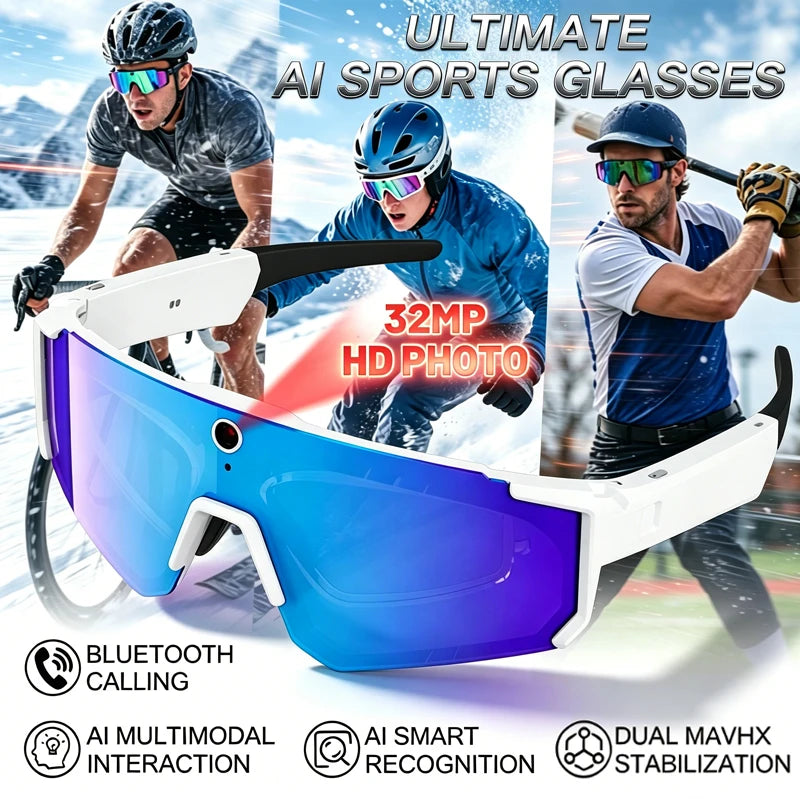 AI Smart Sports Glasses with 32MP HD Camera 360°Stereo Sound IP65 Waterproof Bluetooth Call Music Player Goggles for Cycling Men