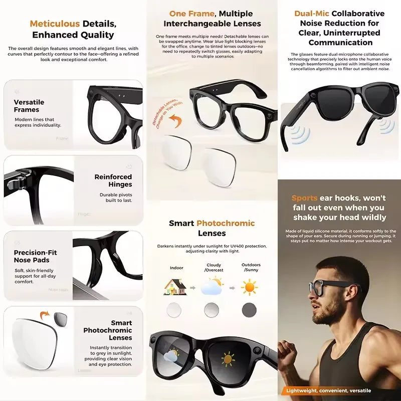 2026 New 800W 4K HD AI Smart Glasses Men Record Video 3600mAh Battery 120 Languages Translation Music Player Glasses With Camera