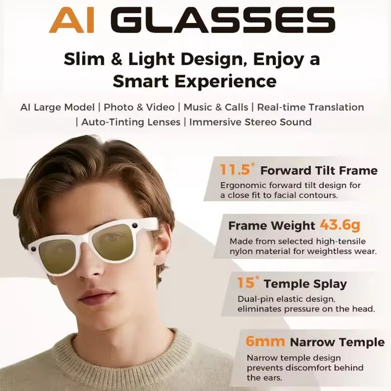 2026 New 800W 4K HD AI Smart Glasses Men Record Video 3600mAh Battery 120 Languages Translation Music Player Glasses With Camera