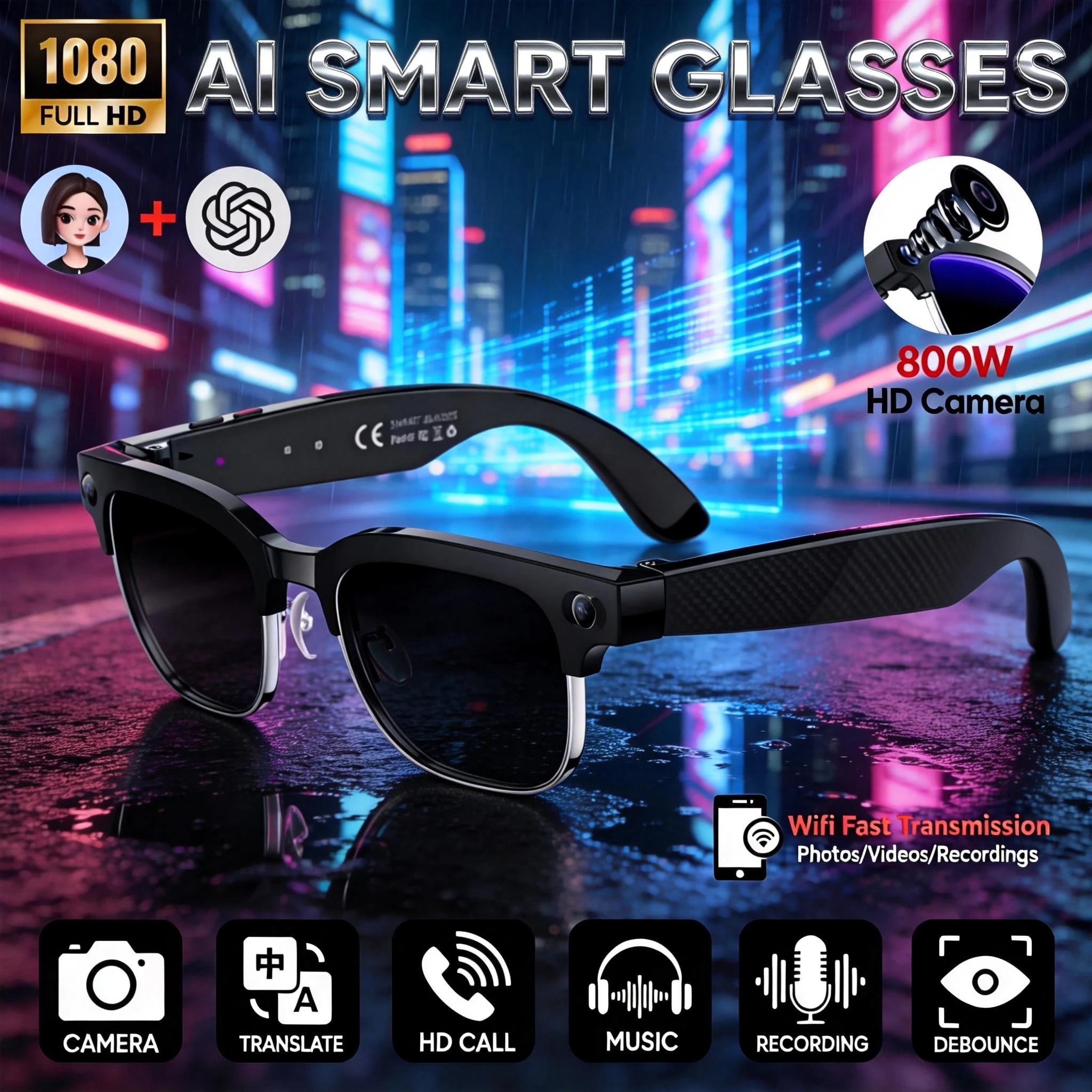 2026 New 4K HD AI Smart Glasses Men 800W Pixel Camera Take a Picture 32GB WIFI Transmission Voice Assistant Smart Glasses Women