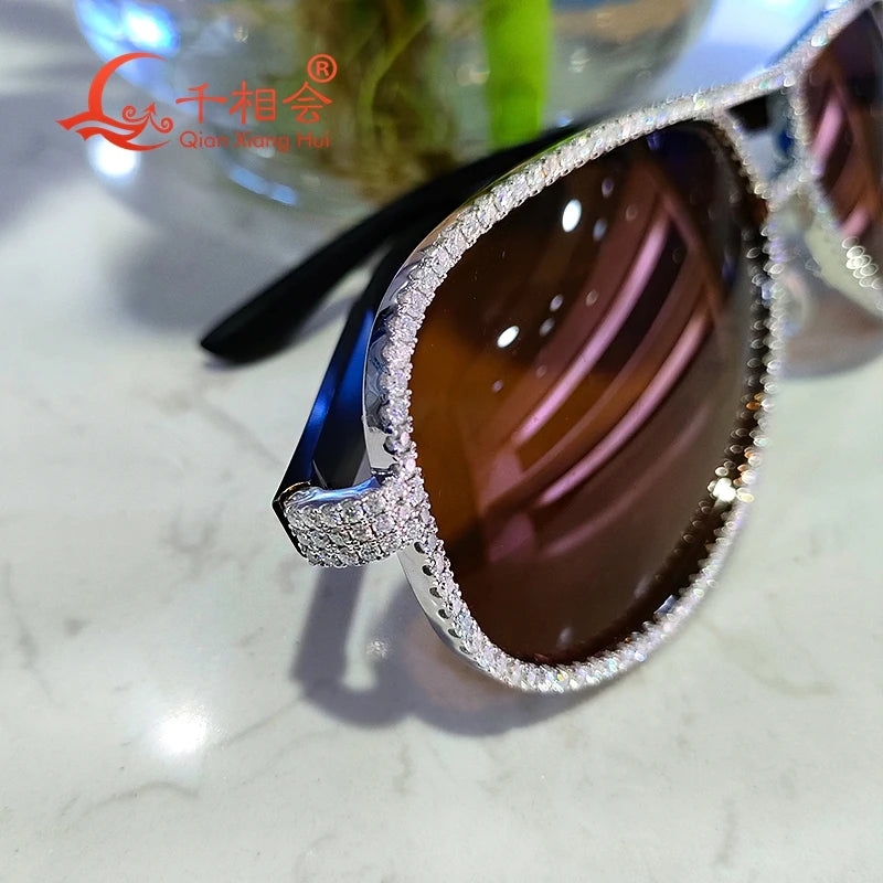 Full White Moissanite Silver Fashion Sunglasses Vintage Designer Big Frame Brown Glasses for Women And Men Cool Sexy Sunwear