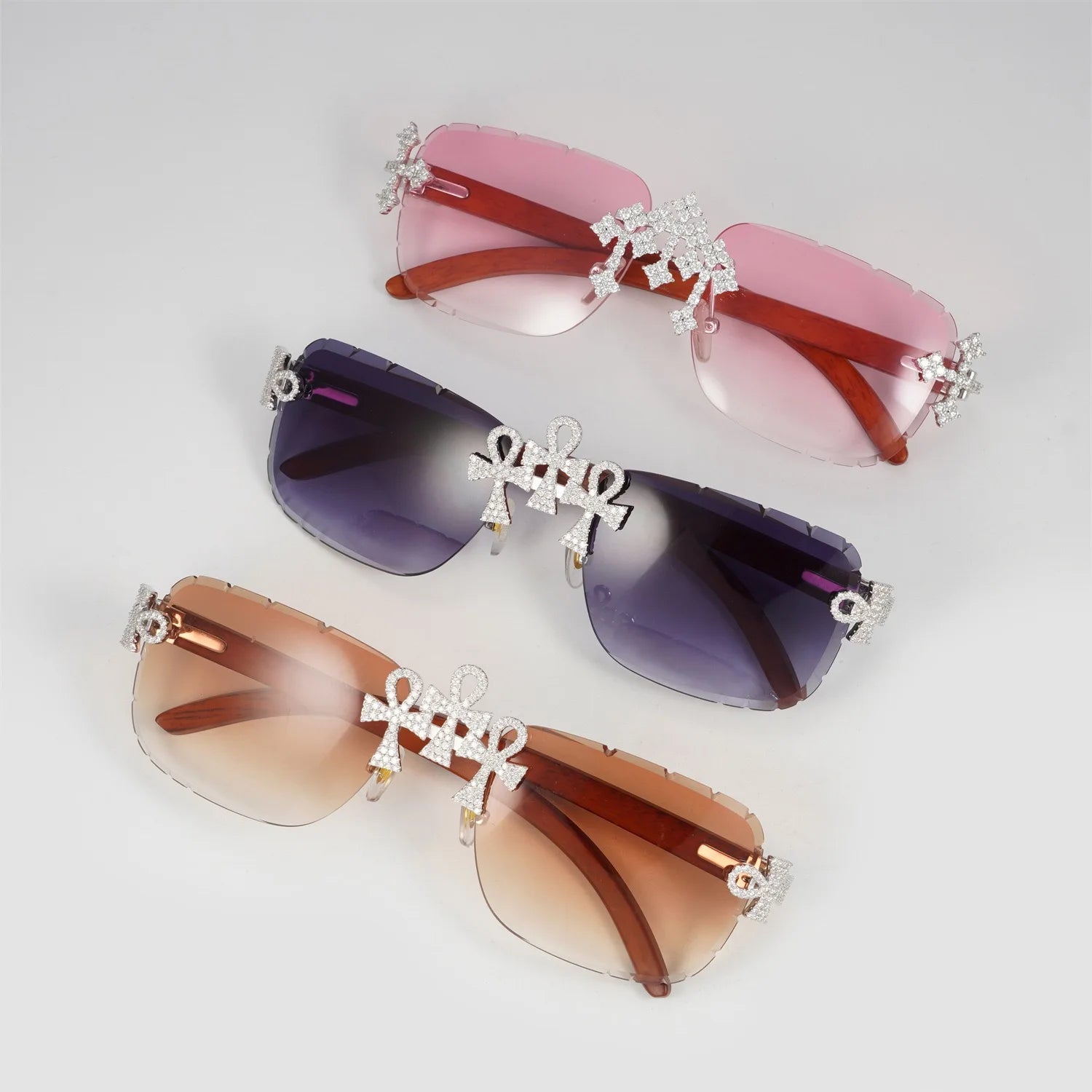 Iced Out D Color Moissanite Ankh Cross Sunglasses 925 Sterling Silver Red Wood Leg Triple Cross Glasses Hiphop Punk Pass Tester