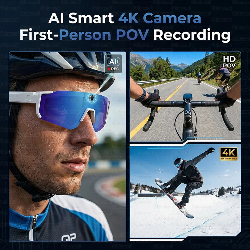 AI Smart Sports Glasses with 32MP HD Camera 360°Stereo Sound IP65 Waterproof Bluetooth Call Music Player Goggles for Cycling Men