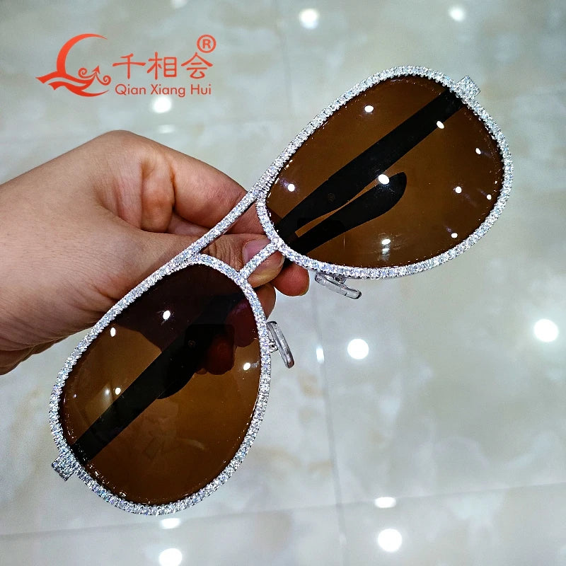 Full White Moissanite Silver Fashion Sunglasses Vintage Designer Big Frame Brown Glasses for Women And Men Cool Sexy Sunwear