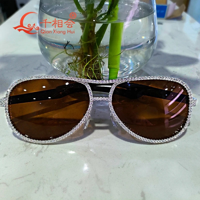 Full White Moissanite Silver Fashion Sunglasses Vintage Designer Big Frame Brown Glasses for Women And Men Cool Sexy Sunwear
