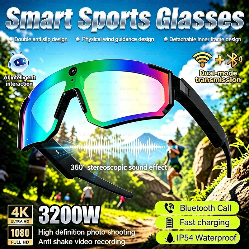 AI Smart Sports Glasses with 32MP HD Camera 360°Stereo Sound IP65 Waterproof Bluetooth Call Music Player Goggles for Cycling Men